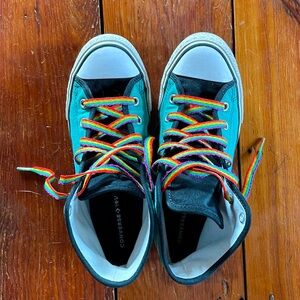 Converse All Stars Aqua high tops w/ rainbow laces. Kids Size 3.